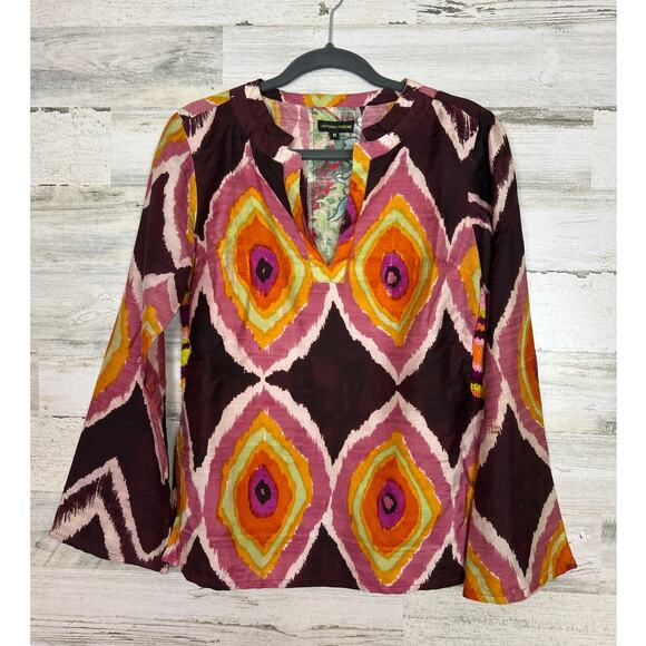 Aoyama Itchome Women's M boho retro long sleeve blouse mix media silk knit - Picture 1 of 6
